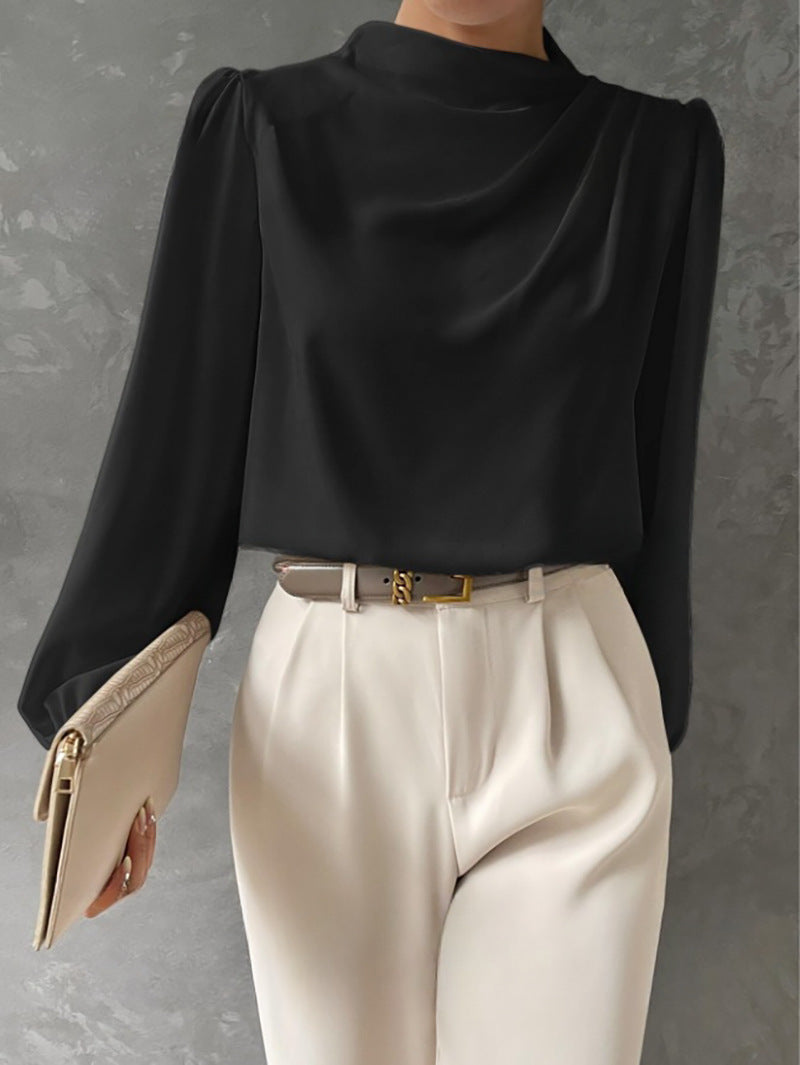Solid Color Pleated Women Shirt Elegant Pullover Satin Top Office Long Sleeve Top Black