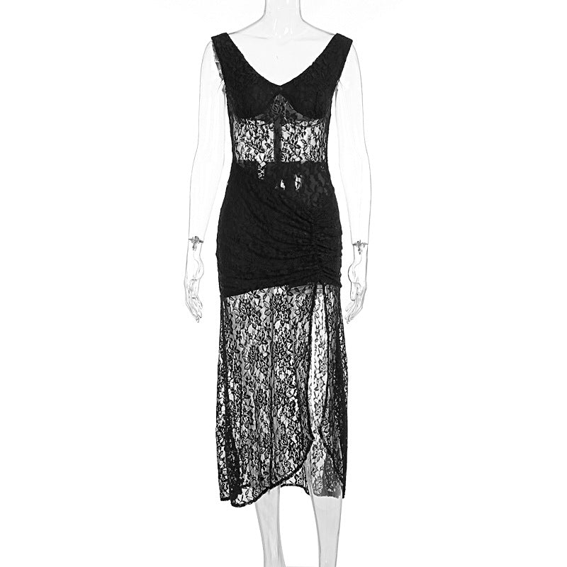 Summer Sexy Lace Hollow Out Cutout out Stitching Spaghetti Straps Slimming Split Dress Black