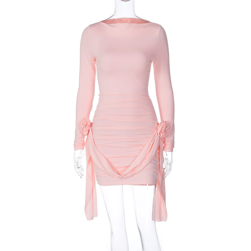 Solid Color Long Sleeve round Neck Slim Fitting Patchwork Ribbon All Match Floral Dress Pink