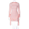Solid Color Long Sleeve round Neck Slim Fitting Patchwork Ribbon All Match Floral Dress Pink