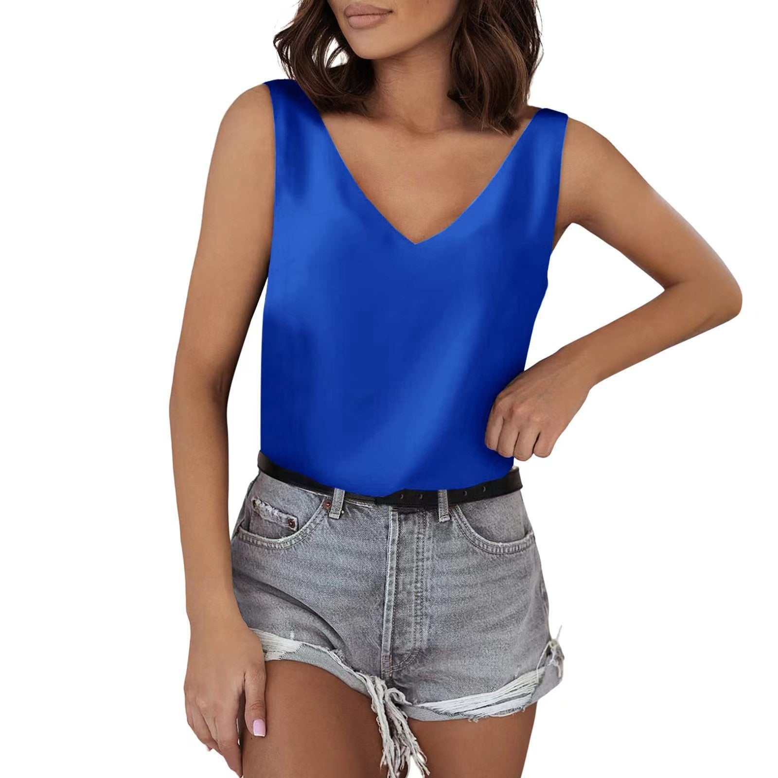 Solid Color Satin Vest V neck Casual Camisole Sleeveless Shirt Summer Basic Blue
