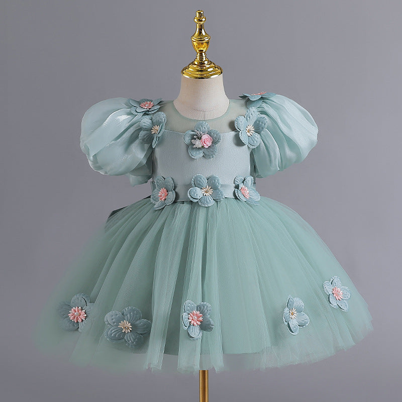 Girls' High-end Flowers Fashionable Dress Green