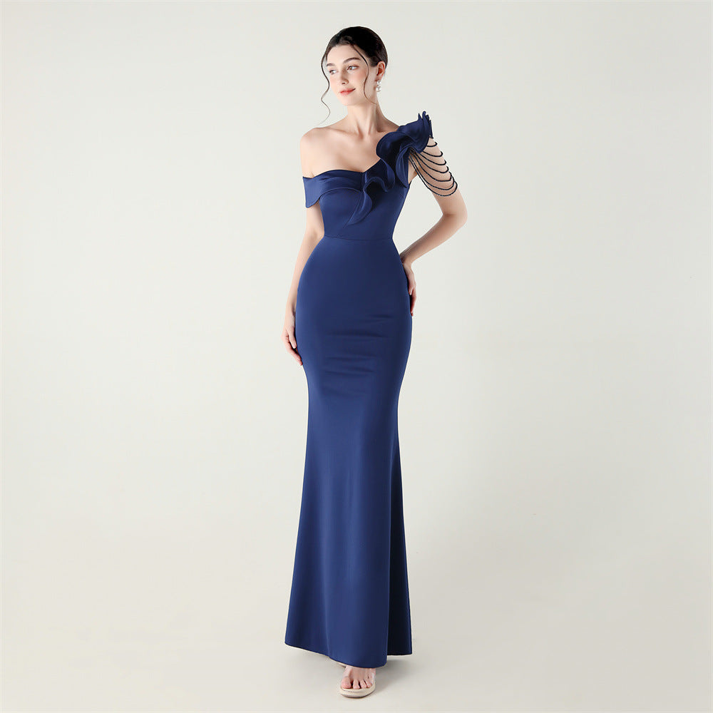 Ruffled One Shoulder Heavy Industry Beads String Slim Fit Satin Fishtail Evening Dress Wedding Red Carpet Cocktail Dress purplish blue
