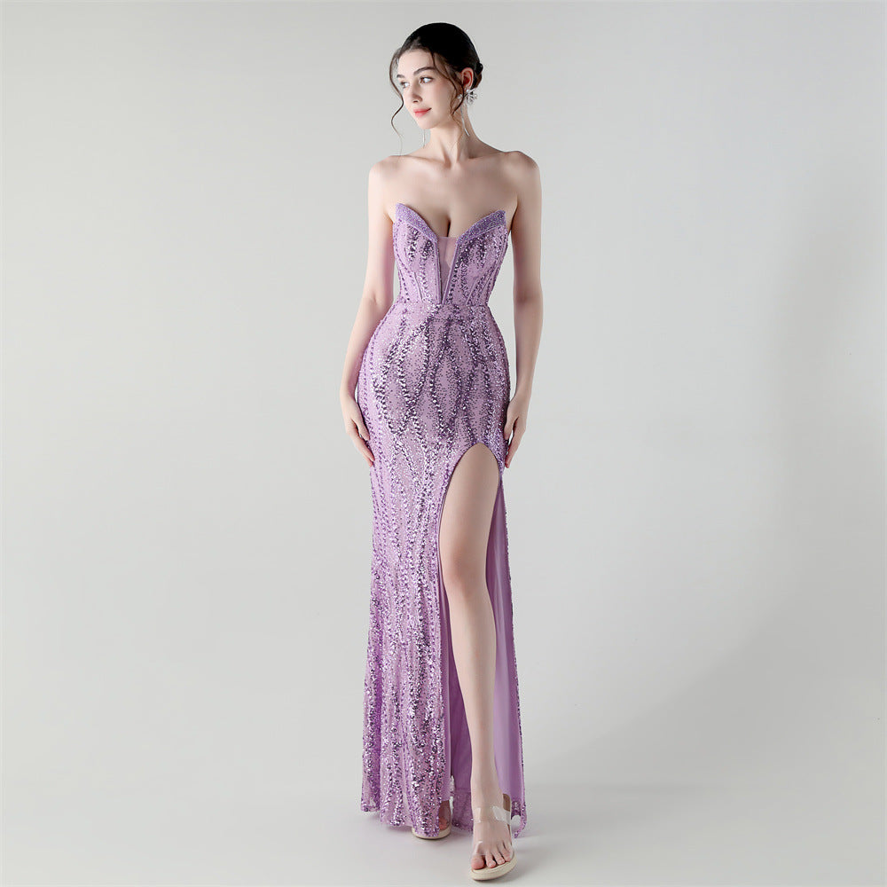 Boning Corset Waist Tight Heavy Industry Beads Heart Shaped Collar Sequined Evening Dress Luxury Cocktail Evening Dress Purple