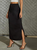 Women Split Satin Skirt Summer Satin Artificial Silk Long Skirt Black