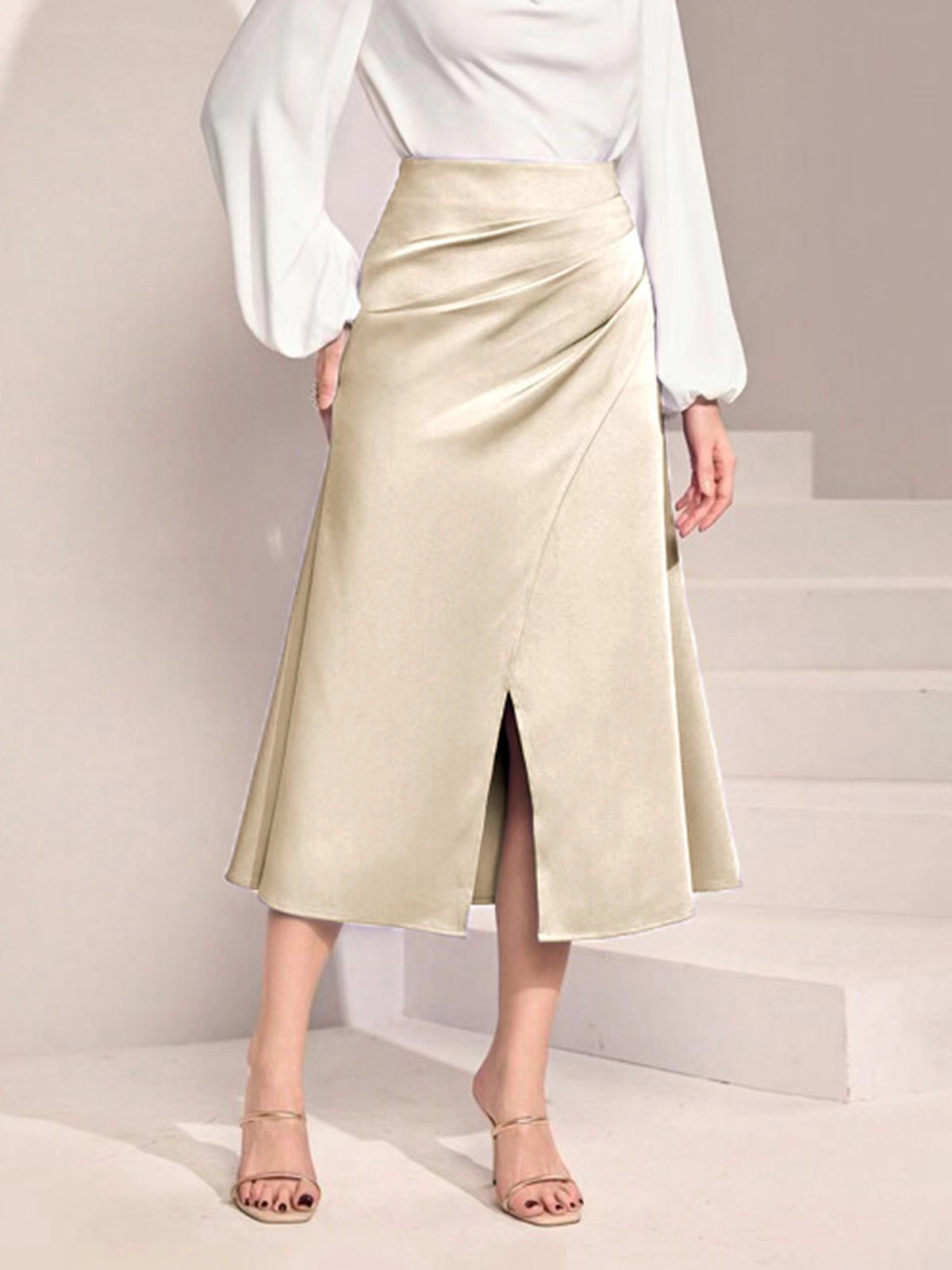 Women Clothing High Waist Satin Pleated Split Dress Solid Skirt Zipper Fishtail Hip Skirt Gold