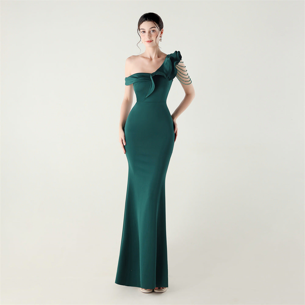 Ruffled One Shoulder Heavy Industry Beads String Slim Fit Satin Fishtail Evening Dress Wedding Red Carpet Cocktail Dress Green