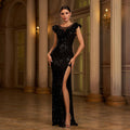 Women Clothing Advanced Sleeveless round Neck Slim Fit Sheath Cocktail Split Evening Dress Black