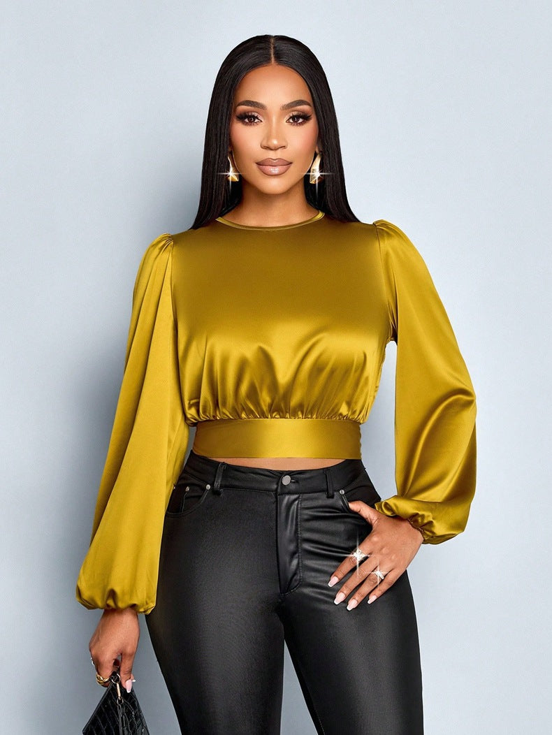 Women Clothing Fall Satin Satin Shirt Sexy Leopard Print Top Shirt Yellow