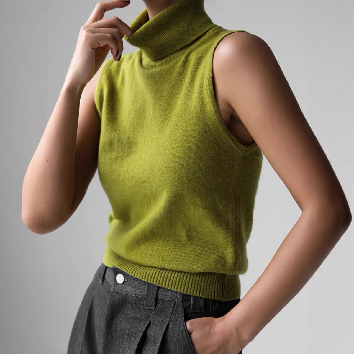 Knitted Sleeveless Vest Autumn High Neck Vest Sweater Minimalist Vest Top Women Green