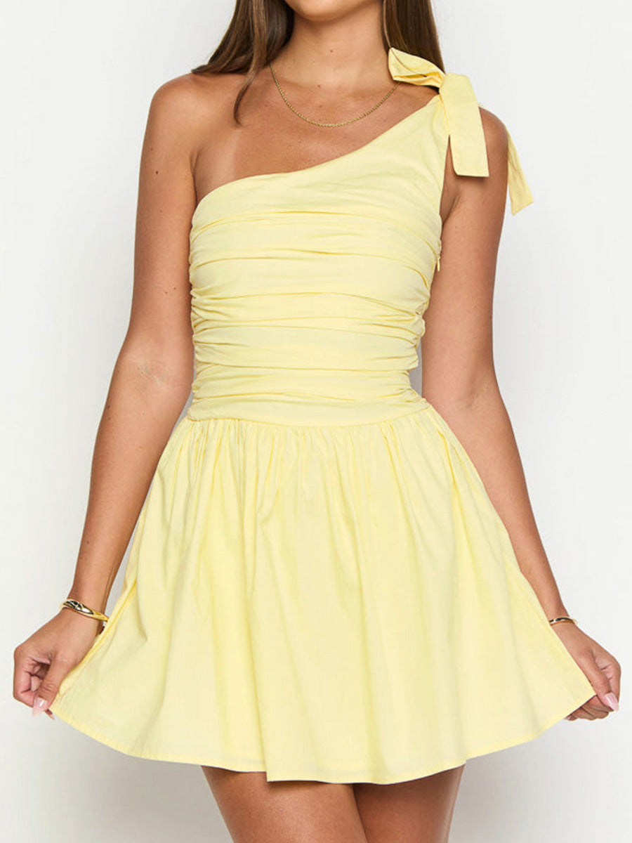 Women Wear Oblique Shoulder Bow Pleated Slim Summer Dress Women Yellow Sweet Spicy Dress Yellow