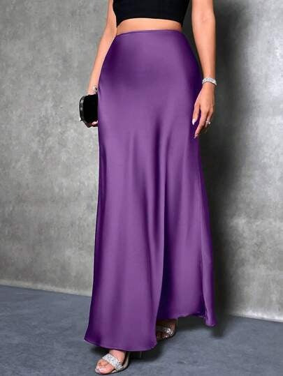 Satin Skirt Autumn Winter Simple A line Long Skirt Women Clothing Purple