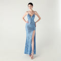 Bead Tube Sequin Spaghetti Strap High Slit Evening Dress Cross Tied Slim Fit Slimming Dinner Social Women Sky Blue