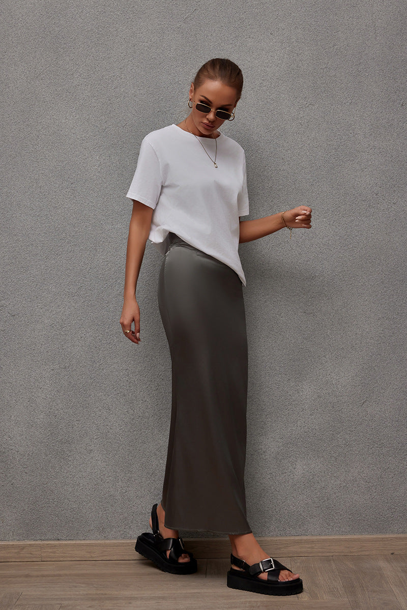 Spring Summer Artificial Silk Skirt Satin Skirt Women Casual Satin Hip Skirt Dark Grey