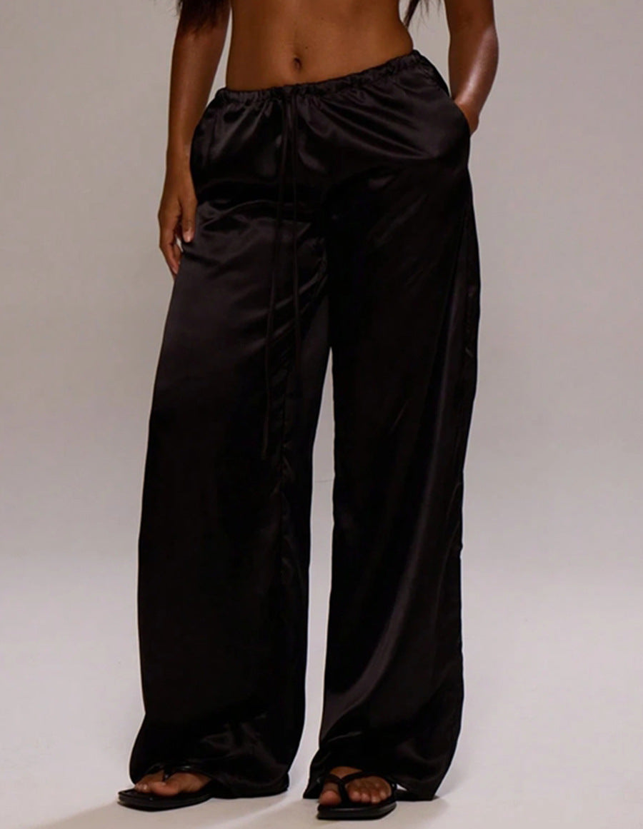 Women Clothing Trendy Autumn Satin Satin Casual Pants Loose Wide Leg Drawstring Long Pants Black