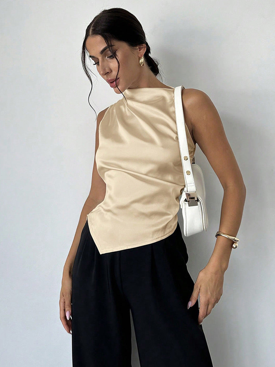 Summer Women Clothing Summer Satin Shirt Women Simple Sleeveless Satin Artificial Silk Shirt Top Apricot