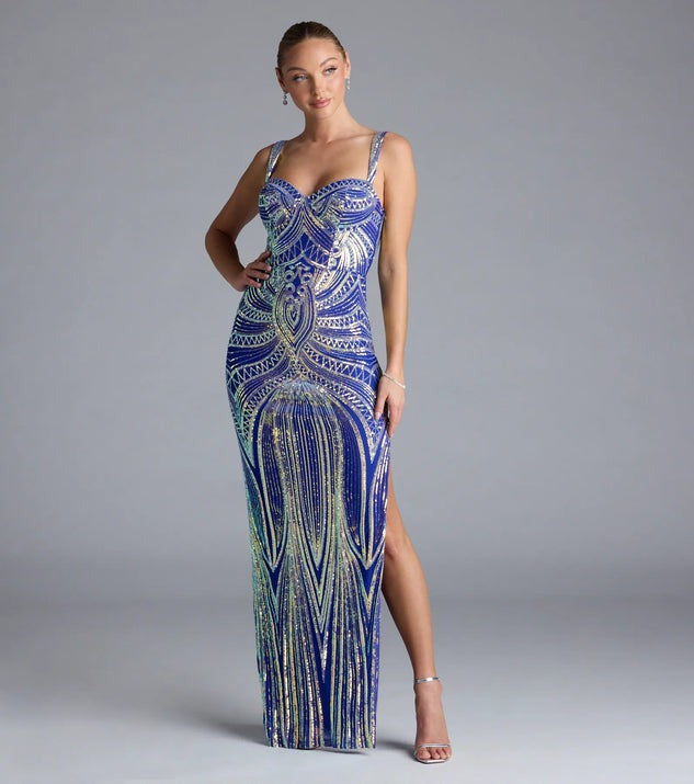 High End Sequined Pattern Sexy Sling Dress Cocktail Evening Dress Performance Dress Blue