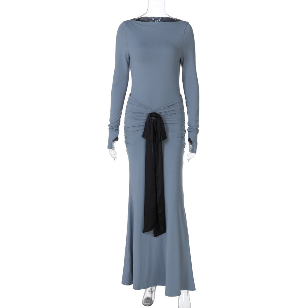 Women Clothing Summer Solid Color Pleated Waist Controlled Lace up Long Sleeve Dress Women Haze Blue