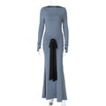 Women Clothing Summer Solid Color Pleated Waist Controlled Lace up Long Sleeve Dress Women Haze Blue