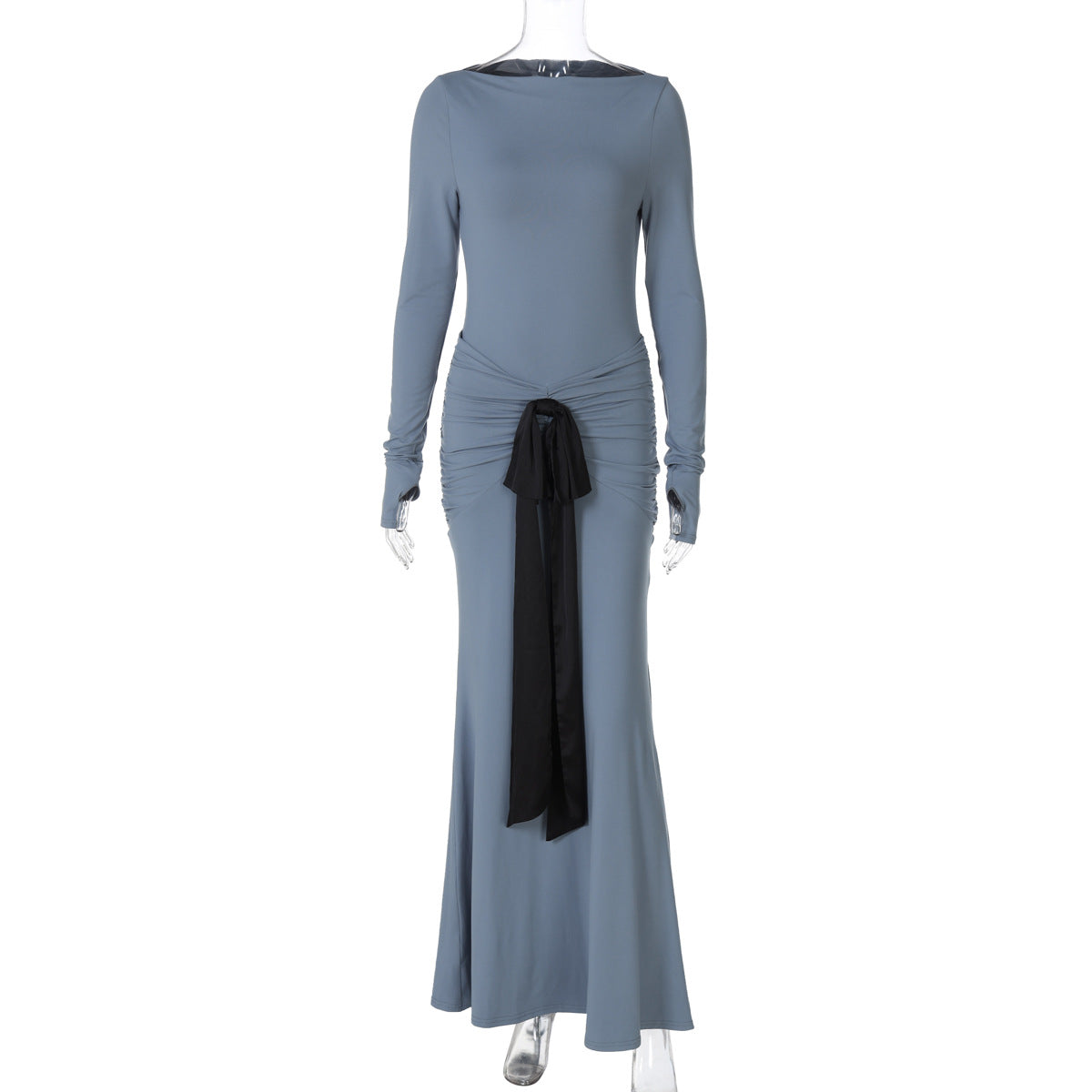 Women Clothing Summer Solid Color Pleated Waist Controlled Lace up Long Sleeve Dress Women Haze Blue