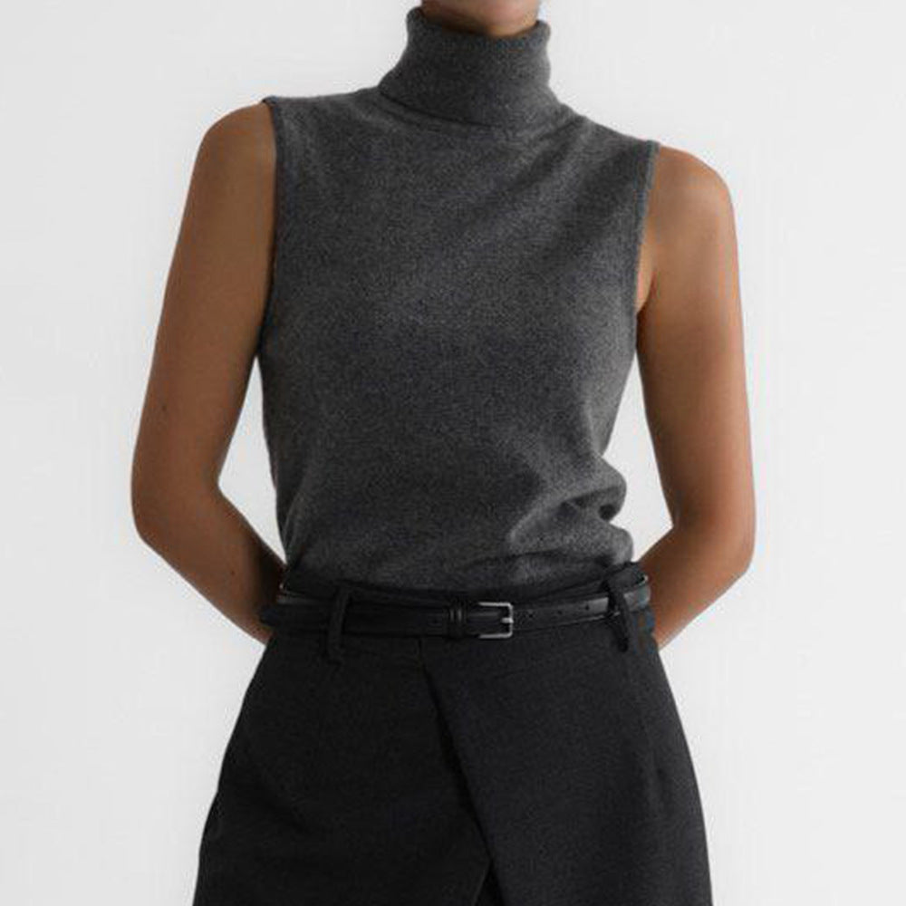 Knitted Sleeveless Vest Autumn High Neck Vest Sweater Minimalist Vest Top Women Dark Grey