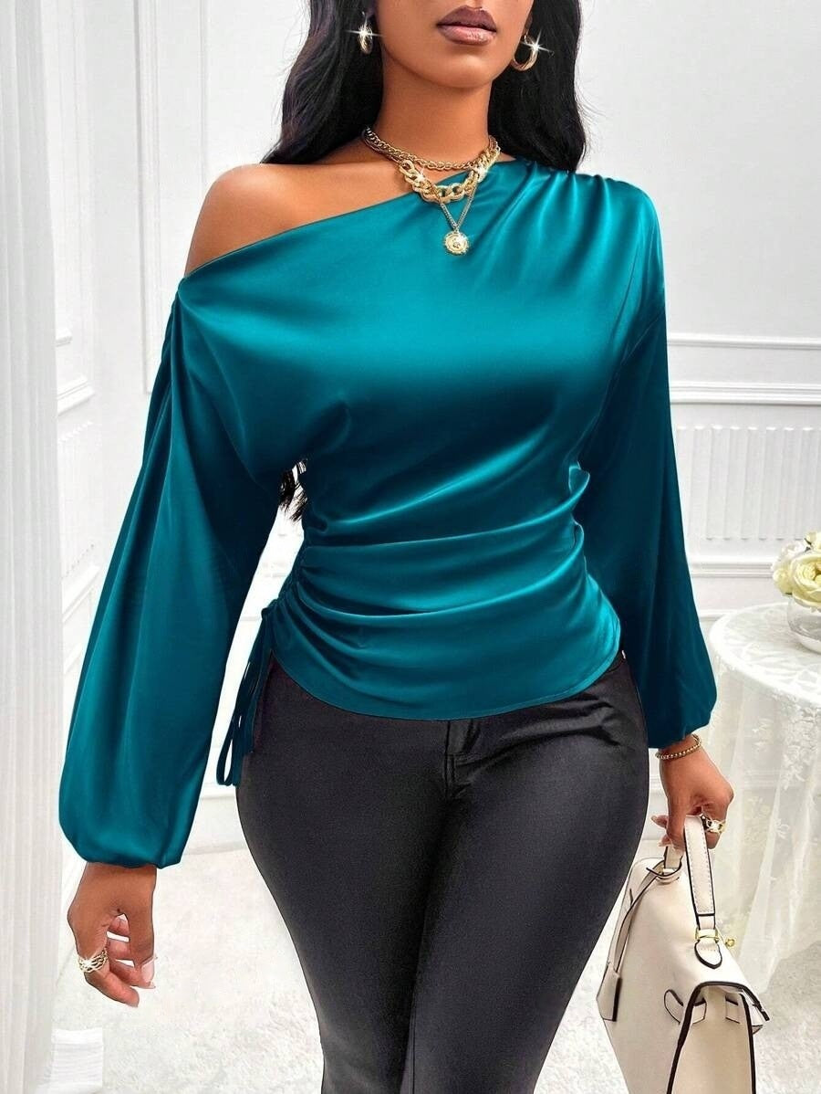 Women Clothes Satin Shirt Autumn Winter Asymmetric Long Sleeve Diagonal Collar Shirt Top Blue