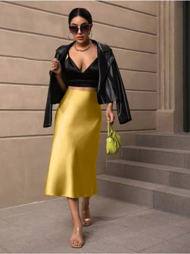 Hip Wrapped Fishtail Skirt Satin Mid Length Skirt Autumn Women Clothing Direct Lemon Yellow