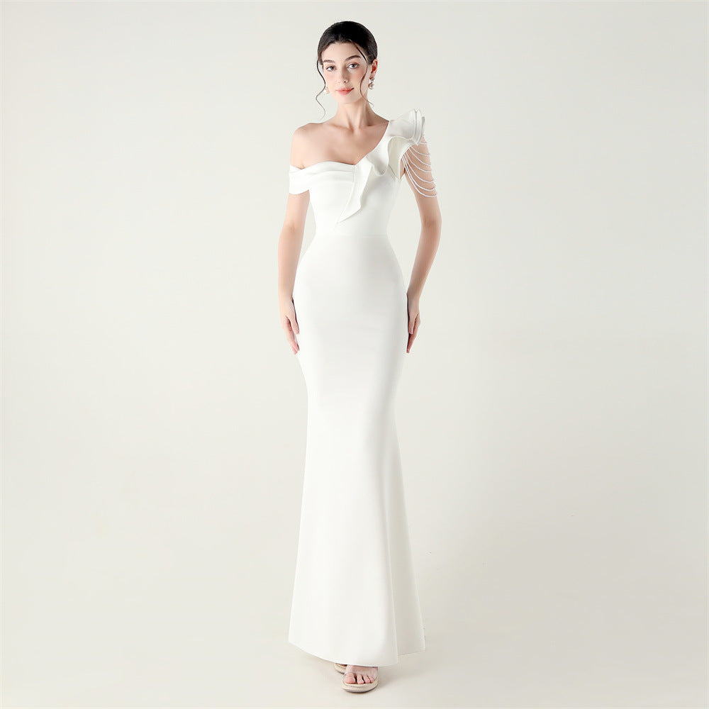 Ruffled One Shoulder Heavy Industry Beads String Slim Fit Satin Fishtail Evening Dress Wedding Red Carpet Cocktail Dress White
