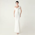 Ruffled One Shoulder Heavy Industry Beads String Slim Fit Satin Fishtail Evening Dress Wedding Red Carpet Cocktail Dress White
