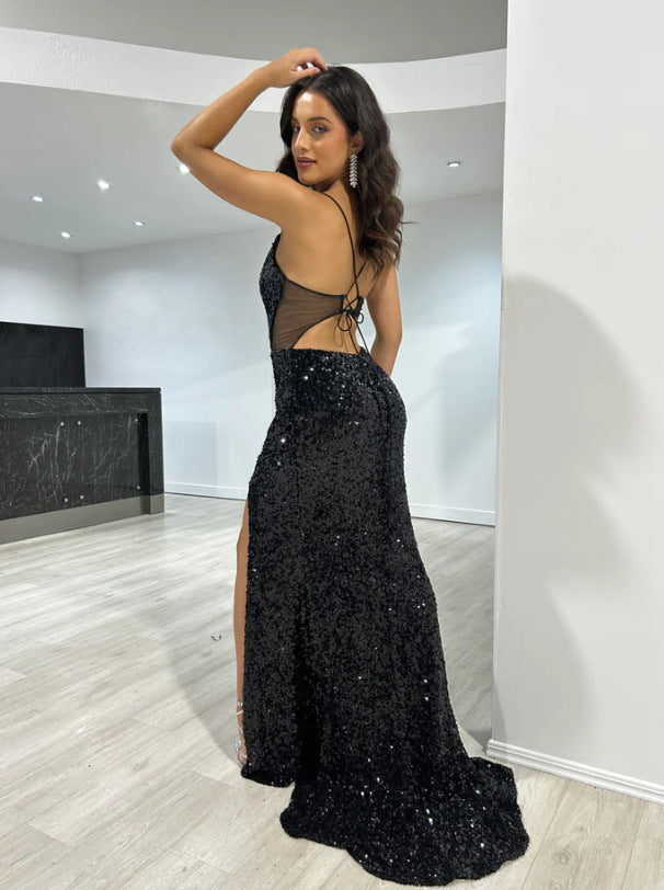 Sequined Split Sexy Sling Dress Waist Controlled Cocktail Dress Slim Fit Maxi Dress Black