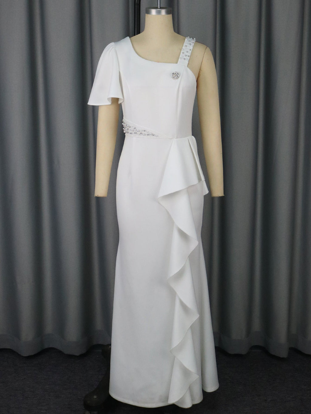 Unique One Shoulder Beaded Sling Party Dress Lotus Lining Cocktail Sheath Dress White