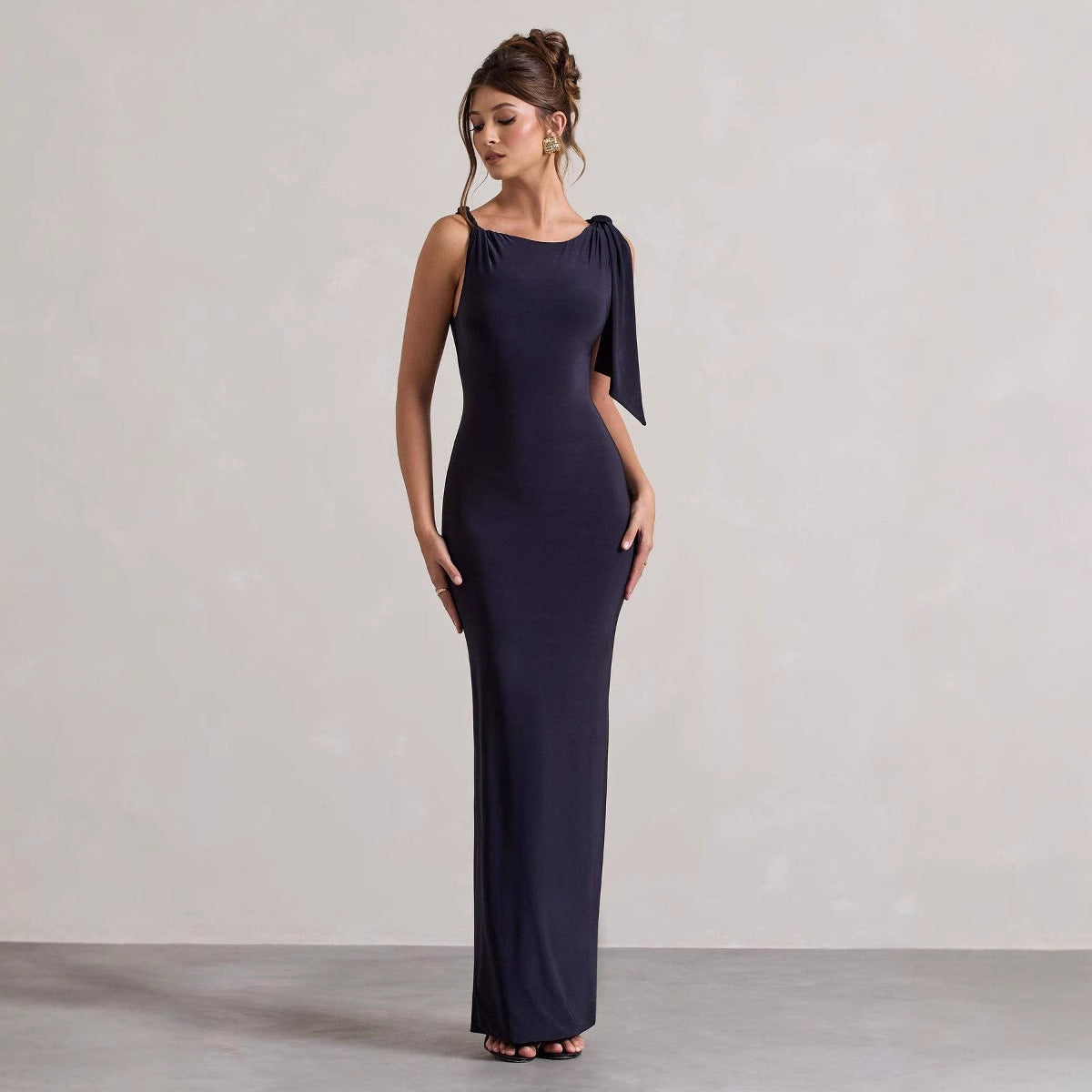 Women Wear Summer Single Shoulder Ribbon Solid Color Dress Navy Blue