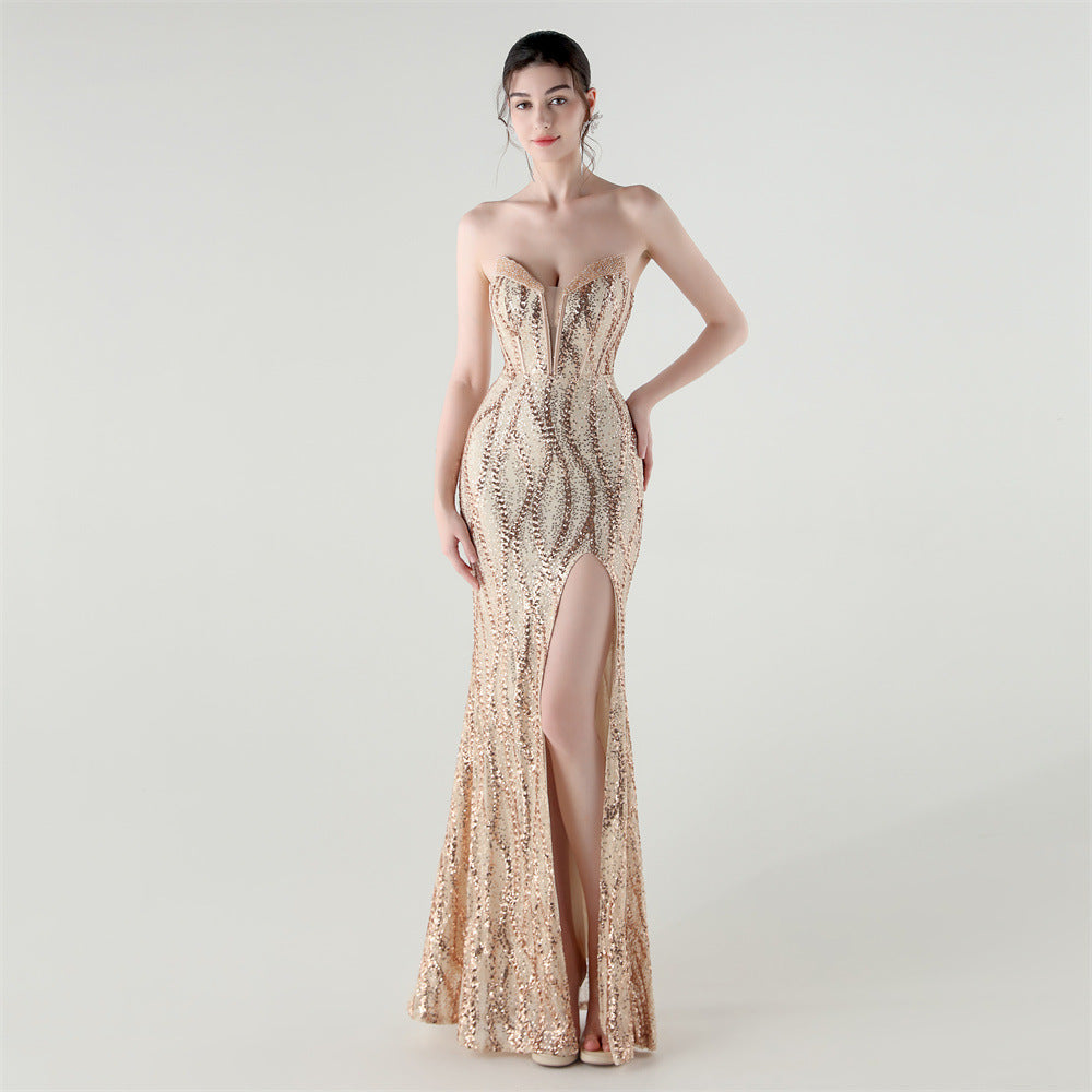 Boning Corset Waist Tight Heavy Industry Beads Heart Shaped Collar Sequined Evening Dress Luxury Cocktail Evening Dress Gold