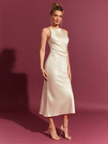 Women Clothing Trendy Summer Satin Dress Women Tall Sexy Hip Wrapped Satin Mid Length Apricot