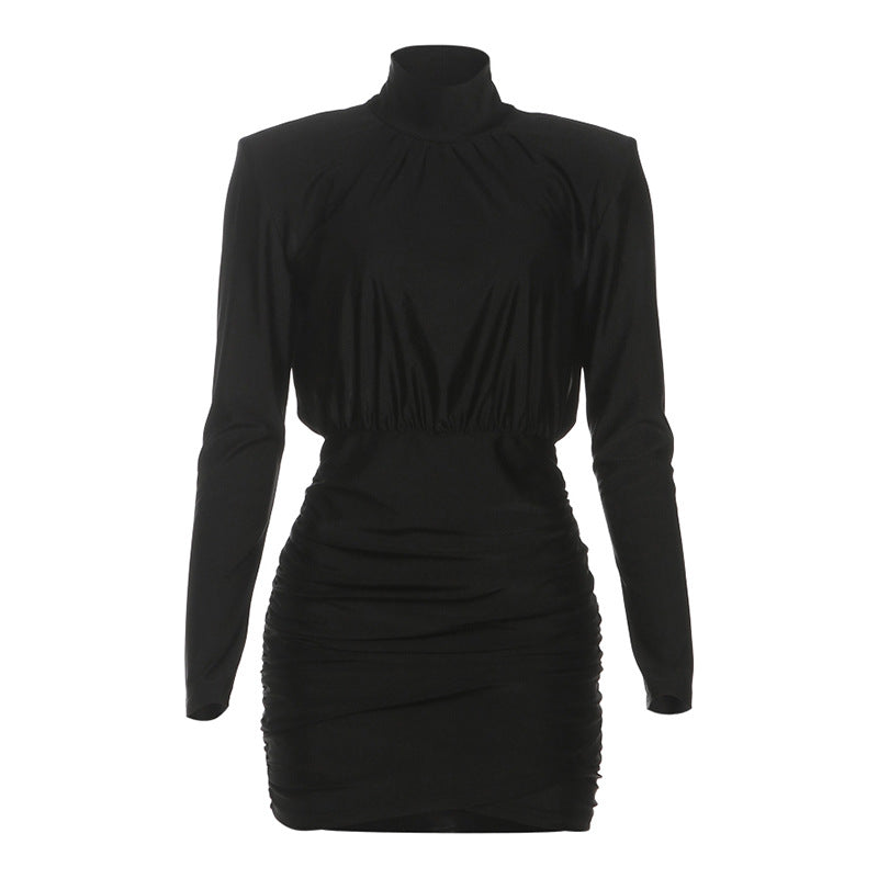 Fall Sexy Slim Fit Turtleneck Long Sleeve Narrow Short Solid Color Dress Black