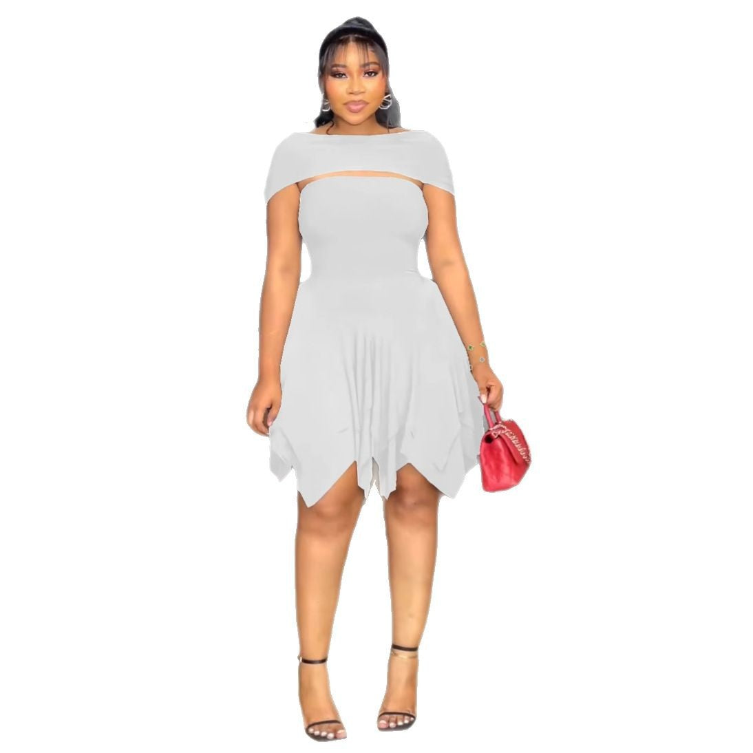 Women Elegant Irregular Asymmetric Double Layer Waist Tube Top Elastic Dress White