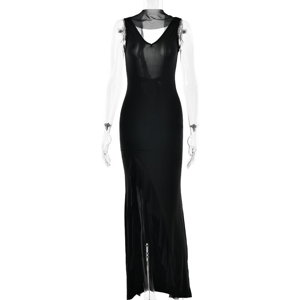 Summer Elegant Ribbon Women Dress Sexy Backless High Slit Ruffled Slim Dress Black