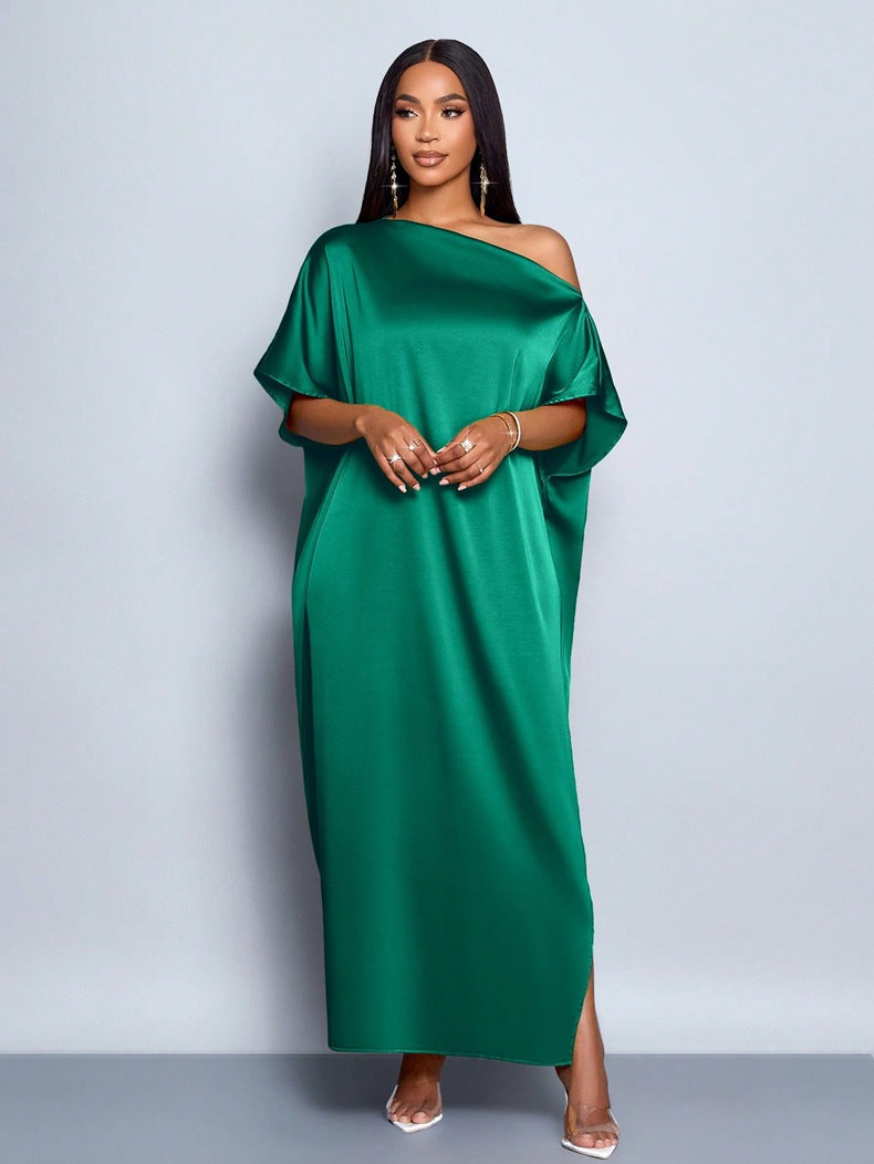 Women Clothing Early Autumn Satin Dress Yellow Satin Maxi Dress blackish green