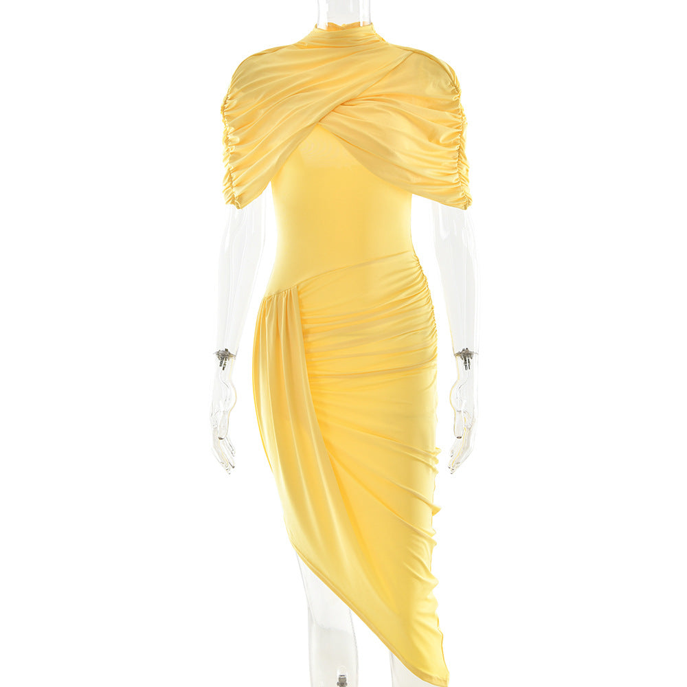 Elegant Slim Pleated Dress Sexy Backless Sheath Women Dress Yellow