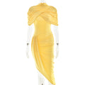 Elegant Slim Pleated Dress Sexy Backless Sheath Women Dress Yellow