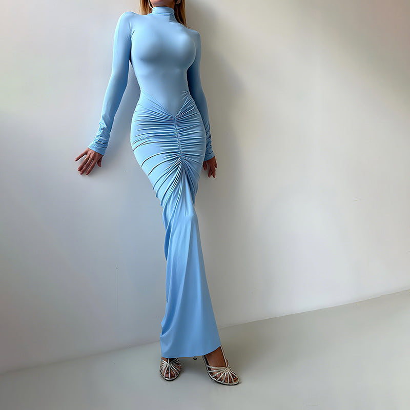 Women Clothing Autumn Solid Color Elegant Slim Slimming Pleated Turtleneck Long Sleeve Dress