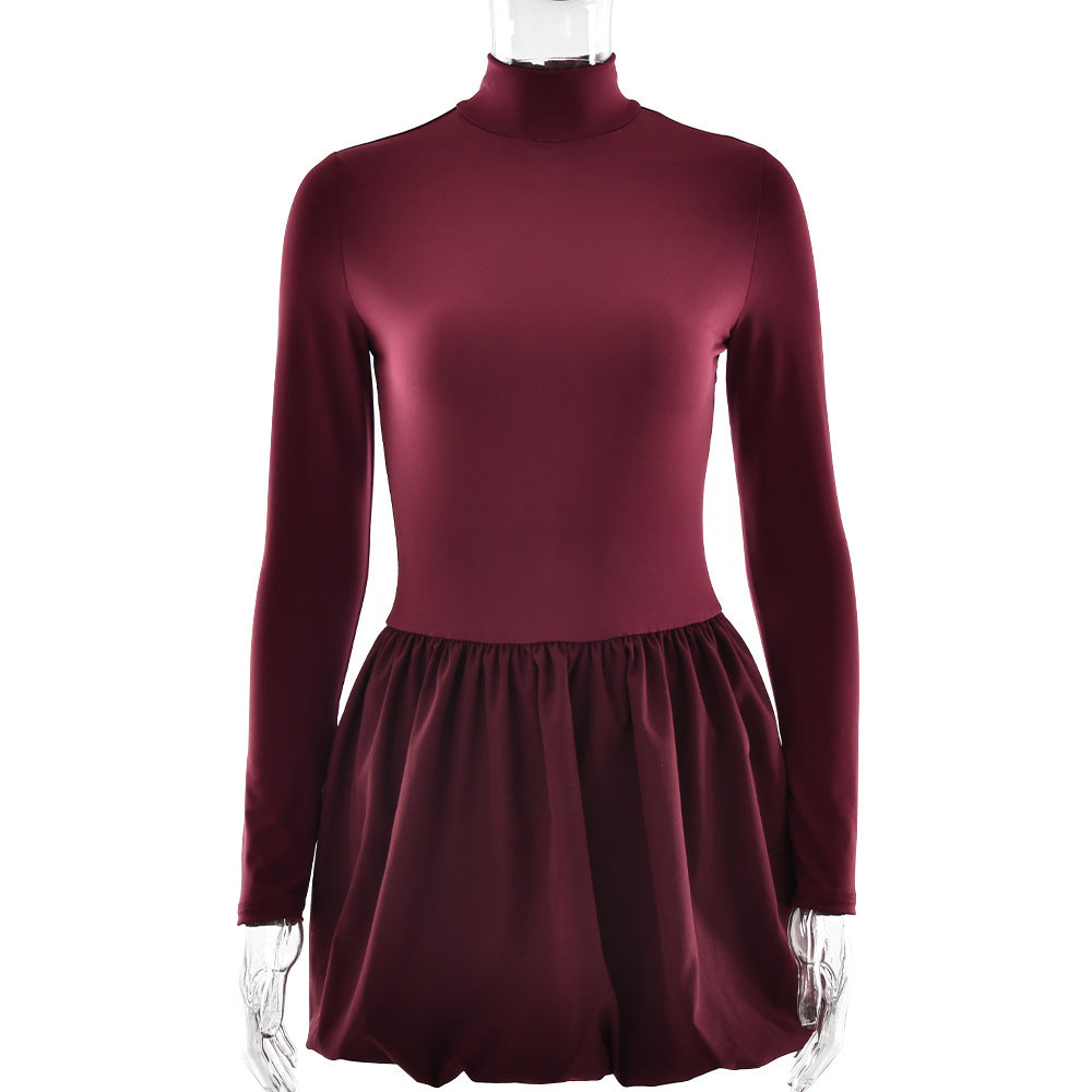 Elegant Slim Fit Women Dress Sexy Turtleneck Long Sleeved Tight Waist Pleated A line Dress Burgundy