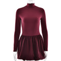 Elegant Slim Fit Women Dress Sexy Turtleneck Long Sleeved Tight Waist Pleated A line Dress Burgundy