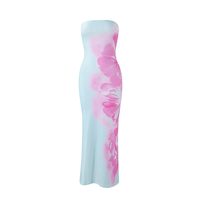 Women Clothing Summer Sexy Bandeau Slim Fit Printing Color Contrast Backless Sheath Dress Green