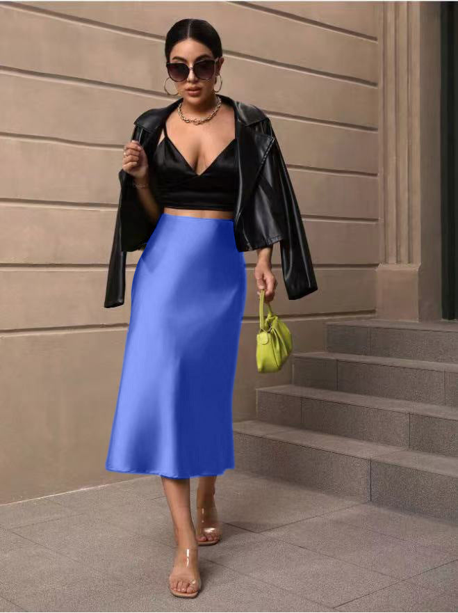 Hip Wrapped Fishtail Skirt Satin Mid Length Skirt Autumn Women Clothing Direct royal blue