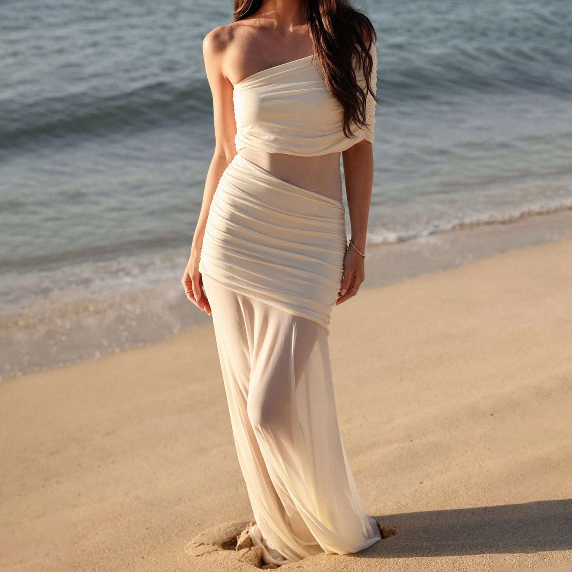 Spring Diagonal Collar Cold Shoulder Elegant Sexy Mesh Stitching Slim Dress White
