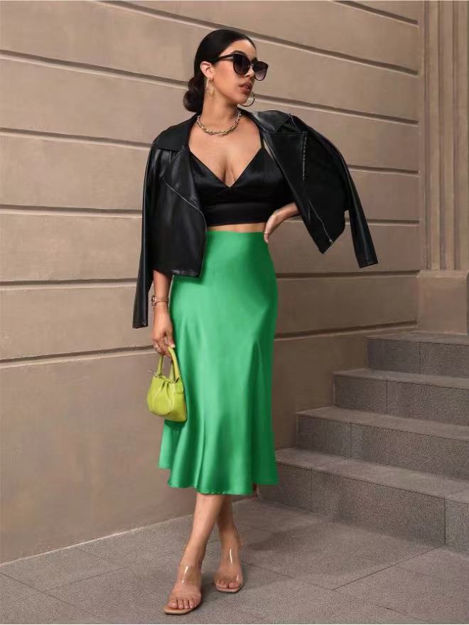 Hip Wrapped Fishtail Skirt Satin Mid Length Skirt Autumn Women Clothing Direct Blue