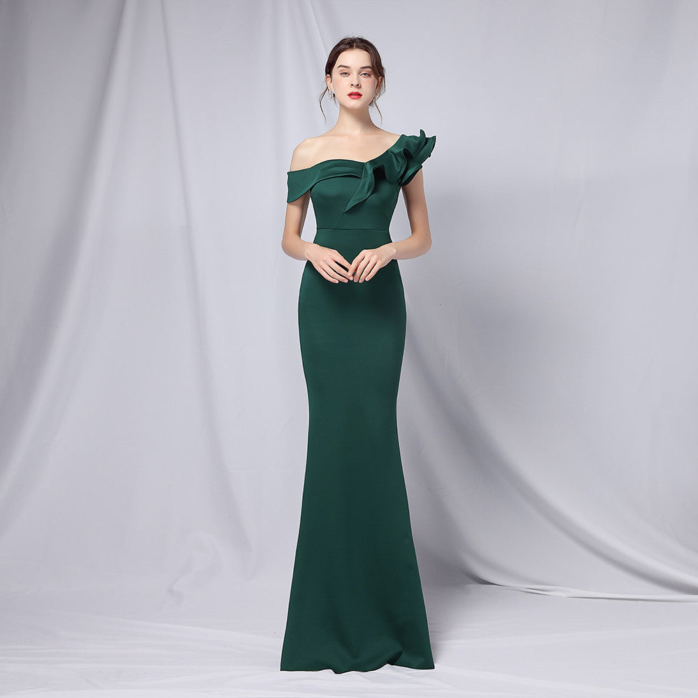 off-Shoulder Banquet Evening Dress Maxi Party Long Elegant Slim Sexy Fishtail Dress Formal Gown Green