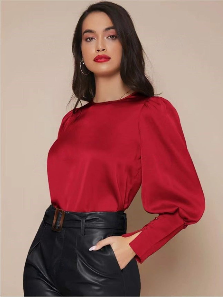 Long Sleeved Satin Shirt Women Spring Autumn Lantern Sleeve Satin Shirt Top Burgundy