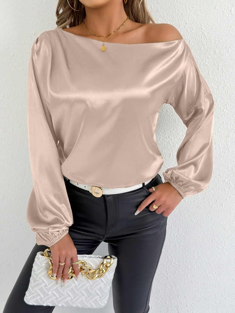 Women Clothing Summer Satin Shirt White Women Long Sleeve Satin Shirt Apricot